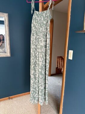 STATE Sage Green and White Floral Smocked Jumpsuit